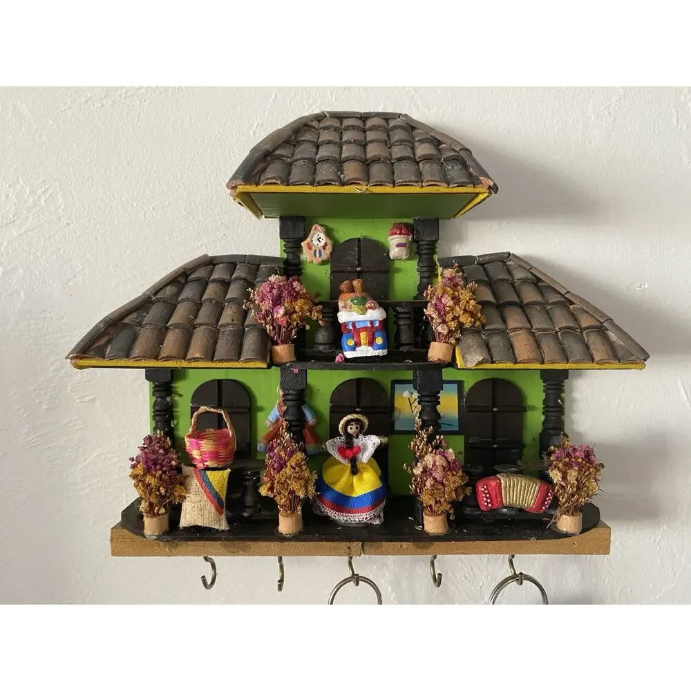Handcrafted Colombian Folk Art Wooden Casita House 3D Wall Art 9x9x2 Key Holder - Picture 2 of 6